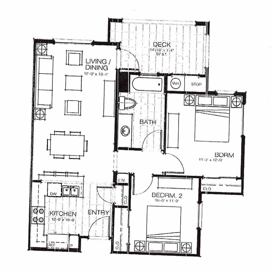 Floor plan for 2 beds, 1 bath